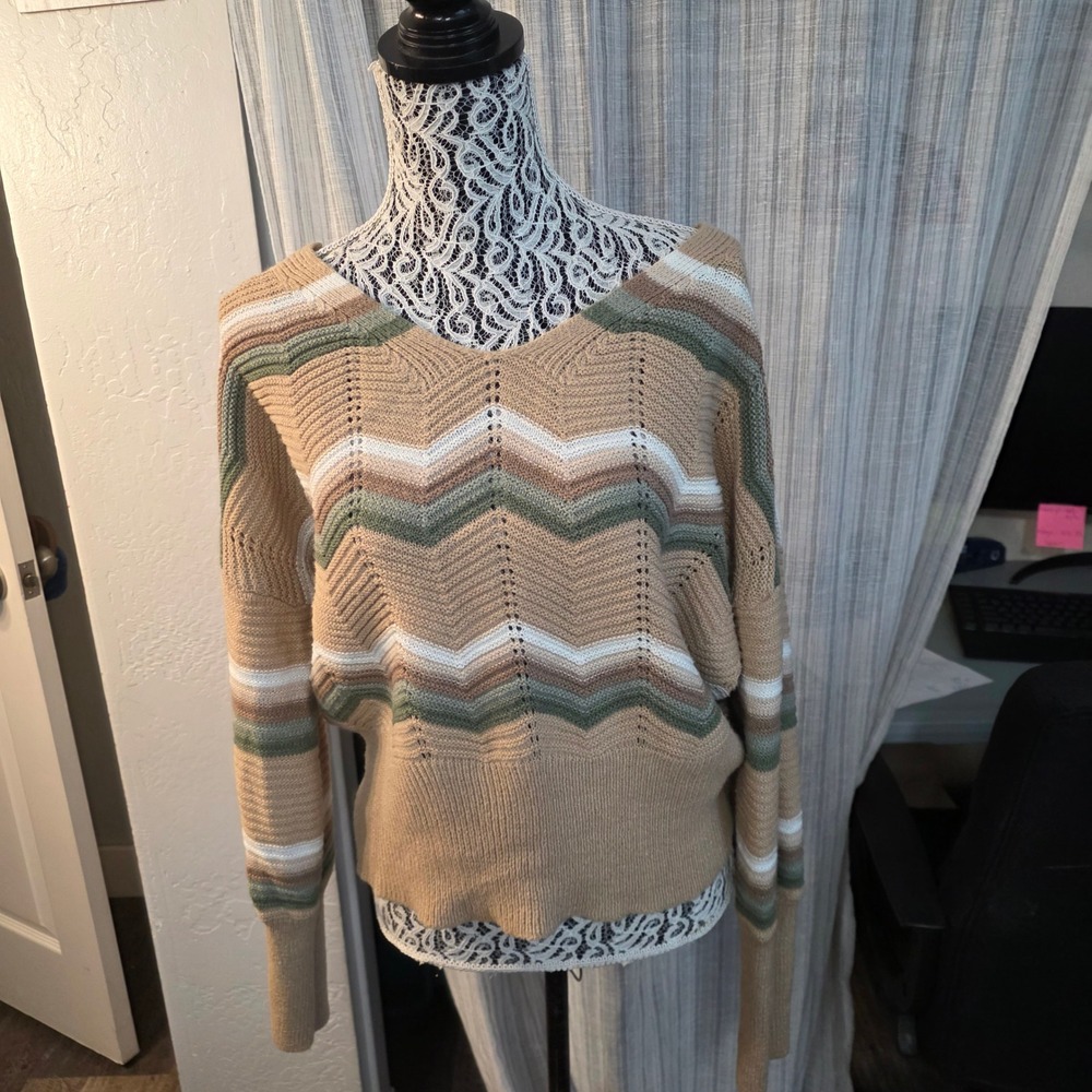 FCT With Love Open Knit V Neck Sweater Womens XL Beige Sage Stripe Granola Fall